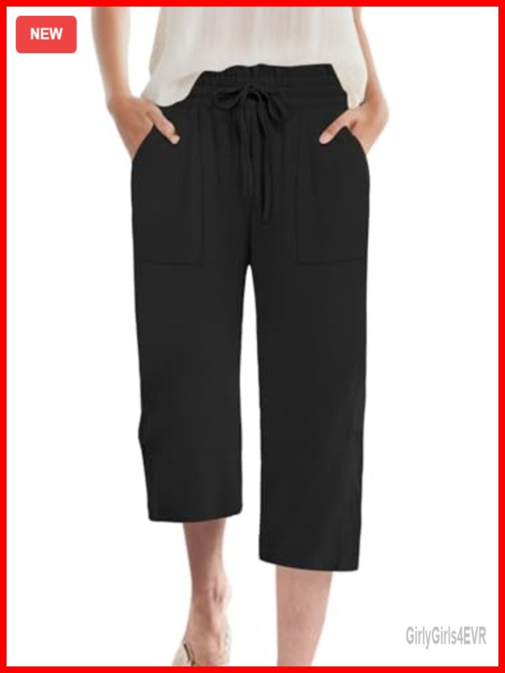 Womens Wide Leg Capri Pants High Rise Drawstring Casual Trousers